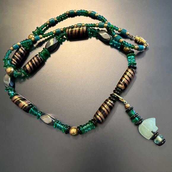 Boho Ethnic Hematite Jade Glass Beaded Pendant Necklace - Picture 3 of 8